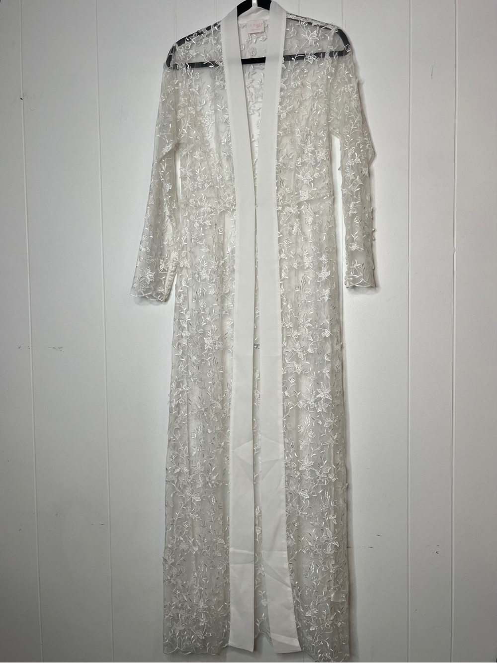 Le Rose White Lace Long Robe - Elegant Sheer Overlay Women's L